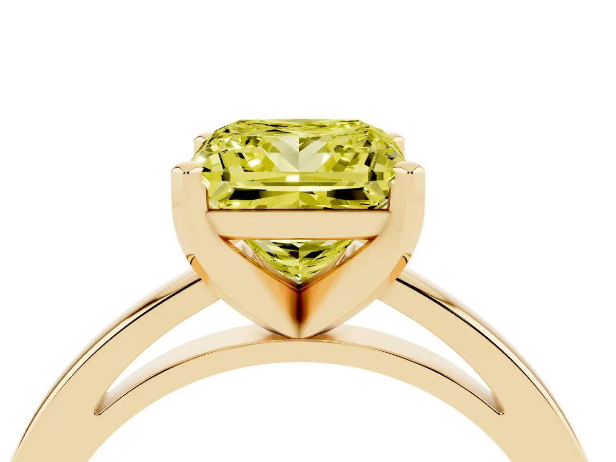 Fancy Yellow Princess Cut Solitaire Diamond Engagement Ring with Four-Prong Setting on a Classic Band Yellow gold