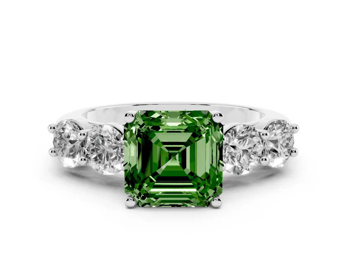 Fancy Green Asscher Cut Cut Five-Stone Prong Set Diamond Ring with Classic Band White gold