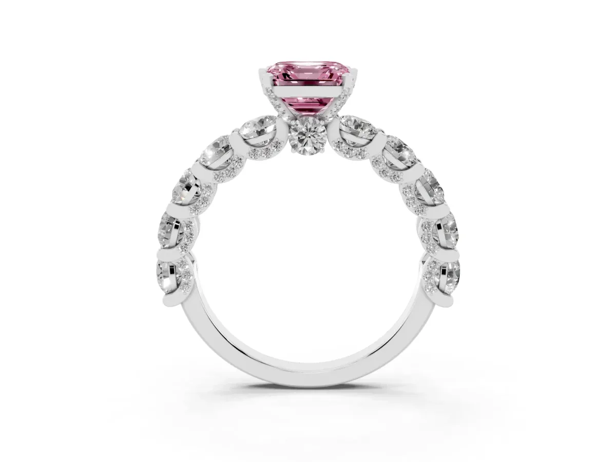 Fancy Pink Asscher Cut Diamond Side Stone Engagement Ring with Four-Prong Setting Platinum