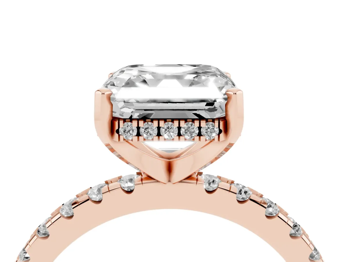 Asscher Cut Diamond Solitaire Ring with Round Pavé Band and Four-Prong Setting Rose gold