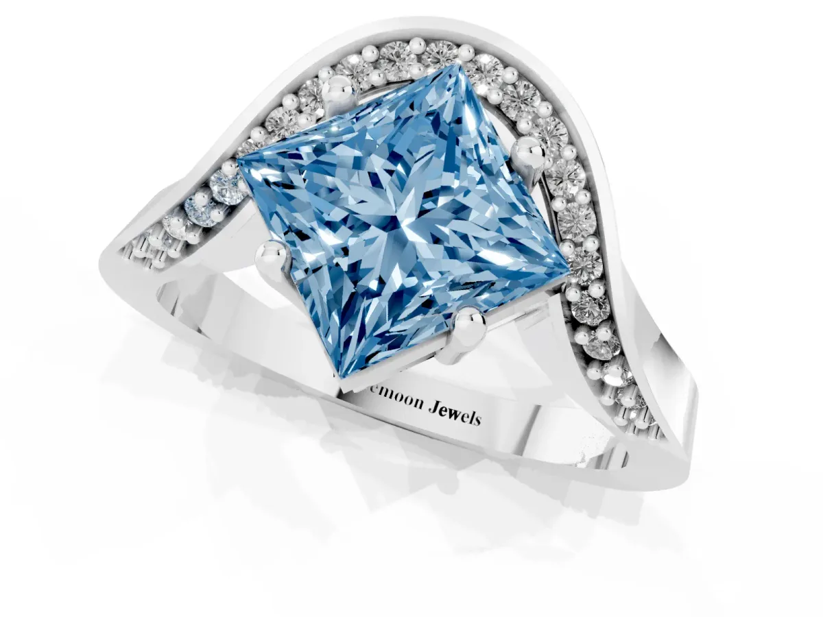 Fancy Blue Princess Cut Solitaire Diamond Engagement Ring with Pave Band and Four-Prong Setting Silver