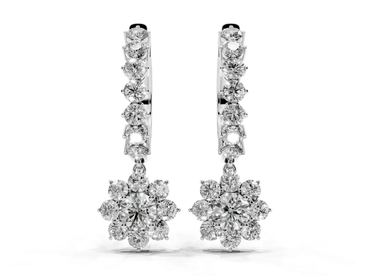 Round Diamond Petite Hoop Earrings with Sunflower Drop Silver