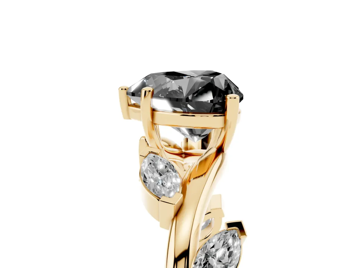 Fancy Black Heart Cut Solitaire Twisted Band Marquise Accent Prong Setting Ring Yellow gold