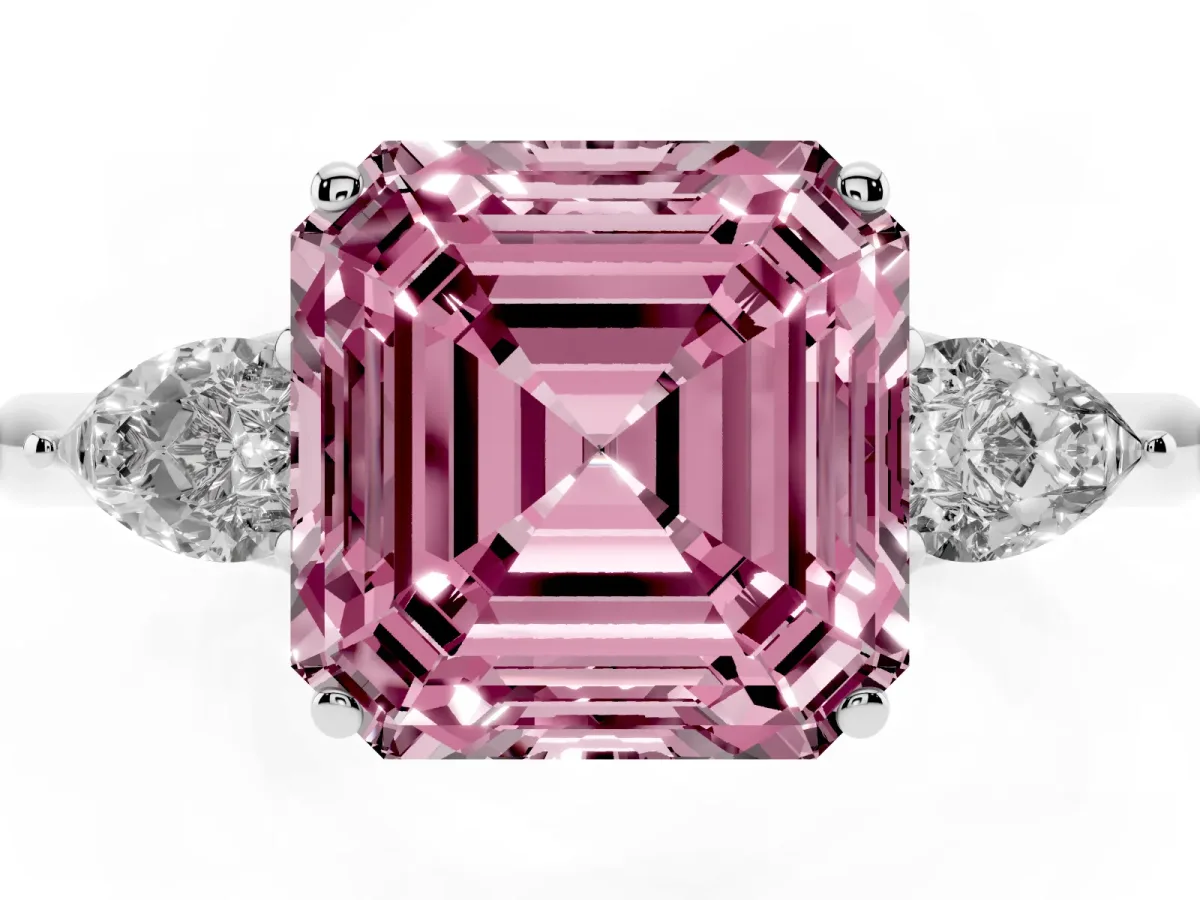 Fancy Pink Three-Stone Asscher Cut Diamond Ring with Pear Side Stones in Four-Prong Setting Silver