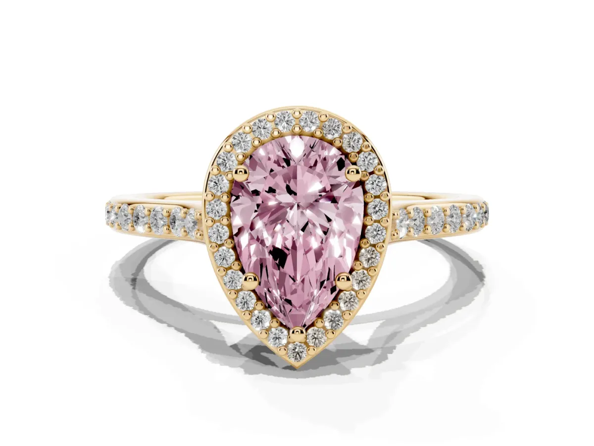 Fancy Pink Pear Cut Diamond Halo Engagement Ring with Round Pavé Shoulders and Prong Setting Yellow gold