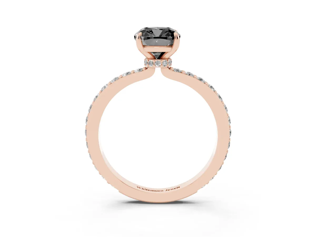 Fancy Black Cushion Cut Diamond Pavé Engagement Ring with Round Accents and Prong Setting Rose gold