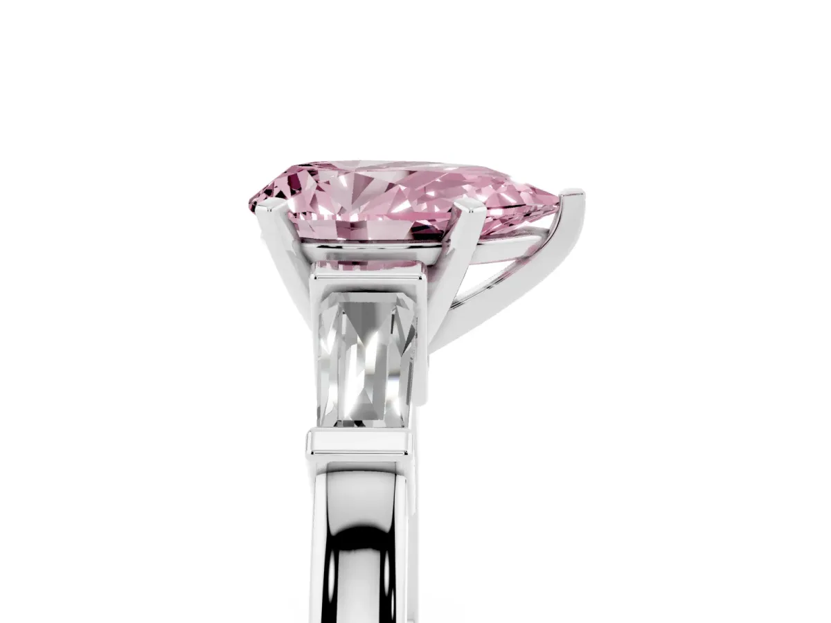 Fancy Pink Pear Cut Cut Diamond Solitaire Ring with Tapered Baguette Accents and Four-Prong Setting Platinum