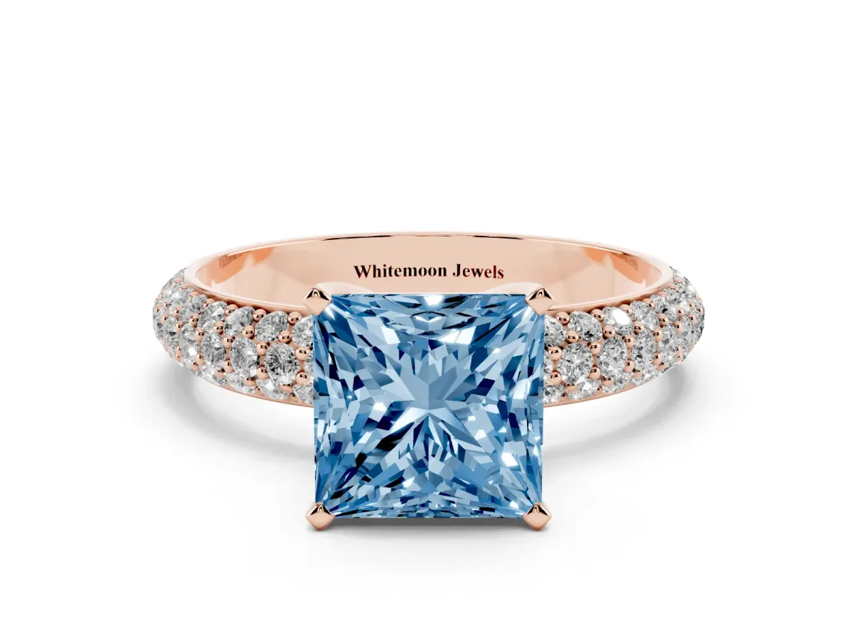 Fancy Blue Princess Cut Diamond Solitaire Ring with Prong Setting and Pavé Band Rose gold