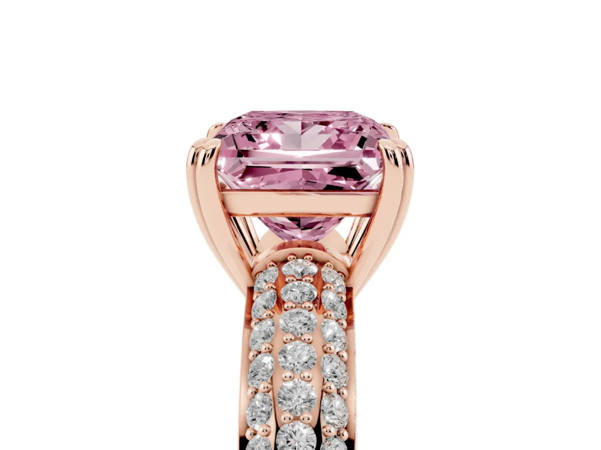 Fancy Pink Princess Cut Diamond Solitaire Ring with Multi-Row Round Pavé Band and Prong Setting Rose gold