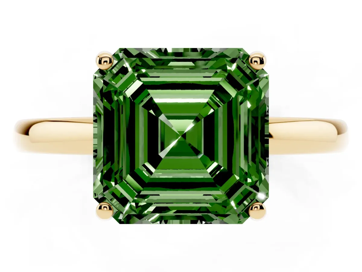 Fancy Green Asscher Cut Solitaire Diamond Ring with Prong Setting and Plain Band Yellow gold