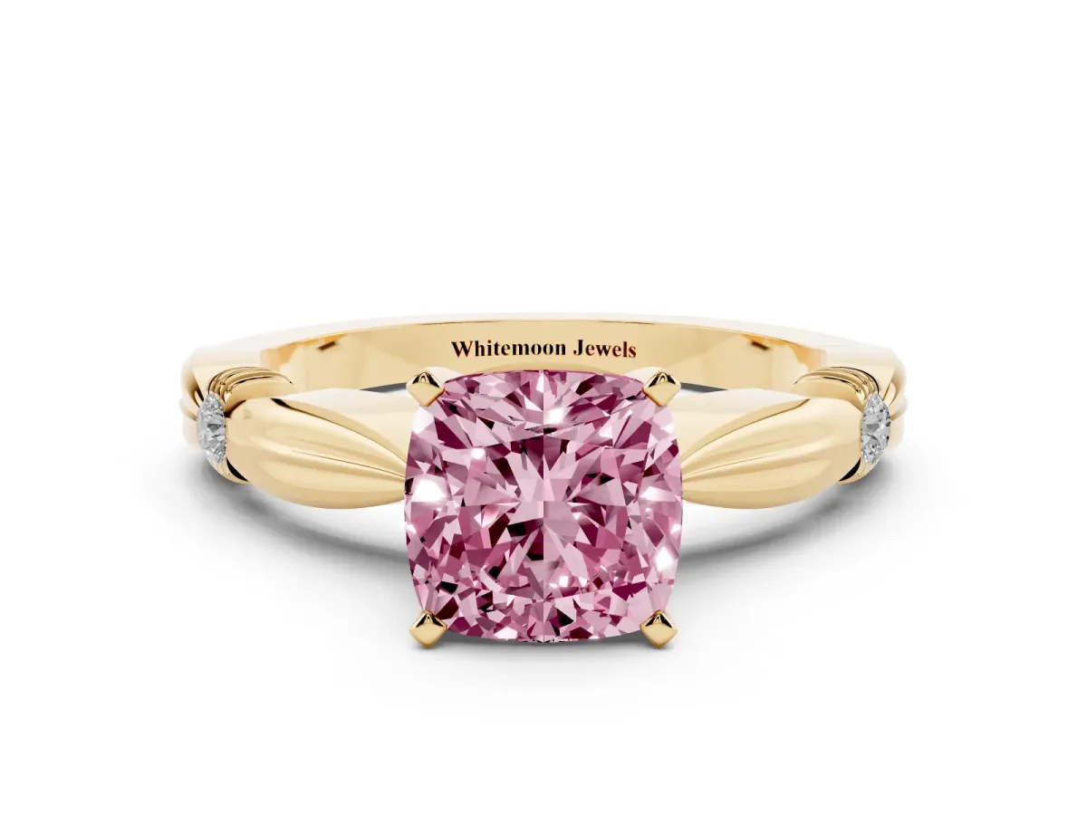 Fancy Pink Cushion Cut Solitaire Diamond Twisted Band with Four-Prong Setting Yellow gold