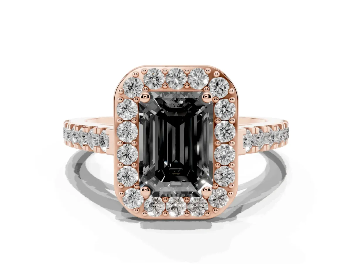 Fancy Black Emerald Cut Diamond Halo Ring with Round Pavé Split Shank and Prong Setting Rose gold