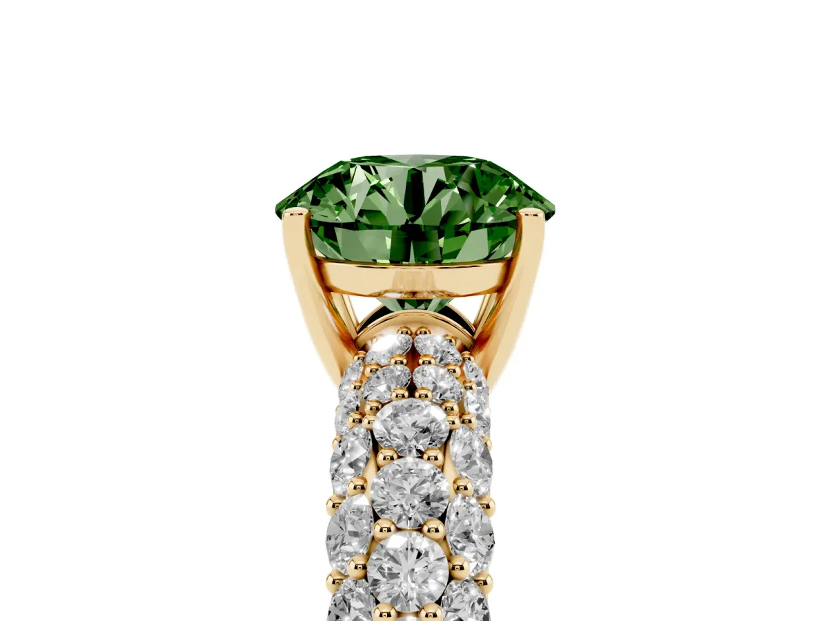 Fancy Green Round Cut Diamond Pavé Band Solitaire Ring with Four-Prong Setting Yellow gold