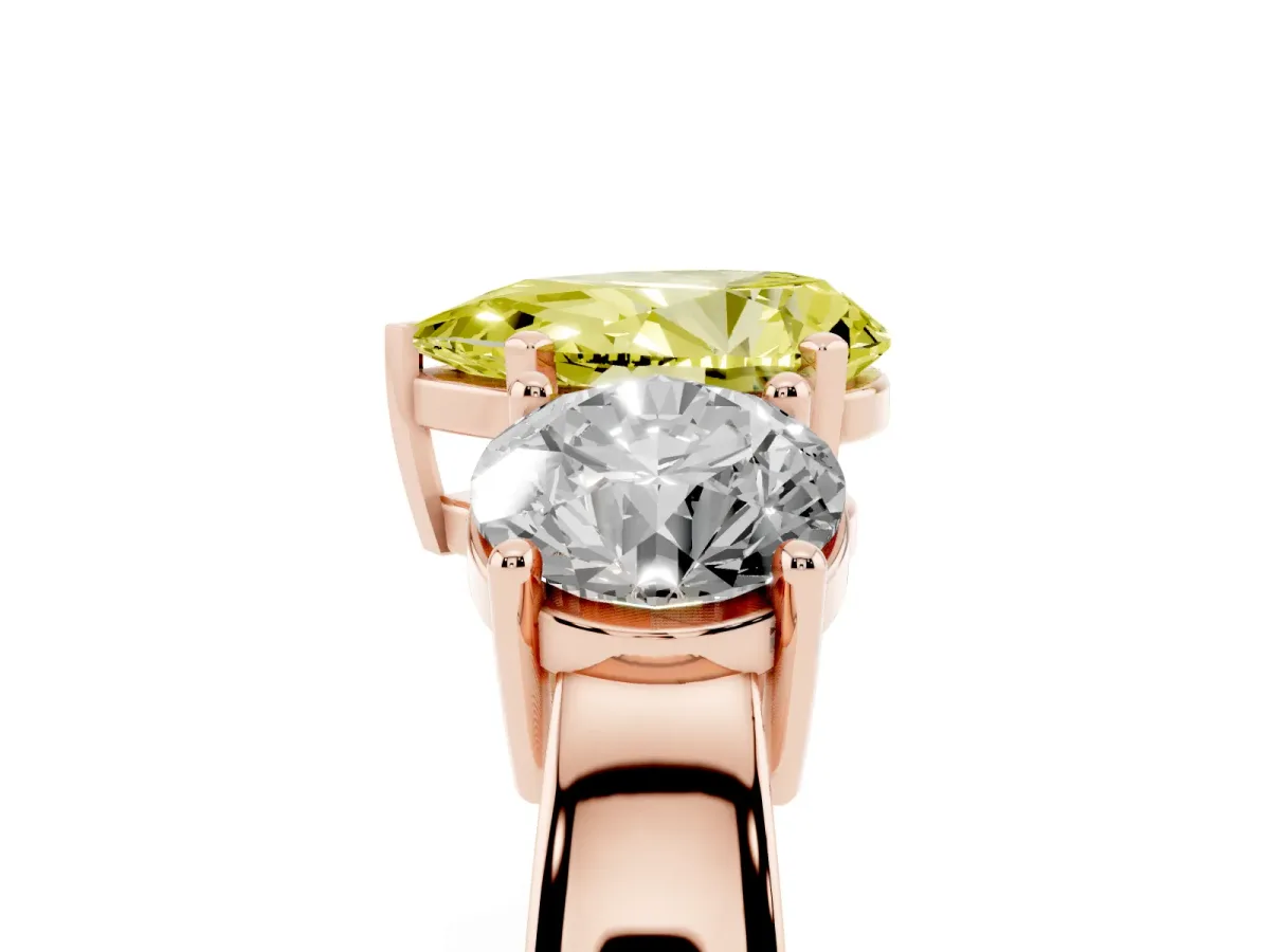 Fancy Yellow Three-Stone Pear Cut Diamond Ring with Round Side Stones, Classic Band, and Four-Prong Setting Rose gold