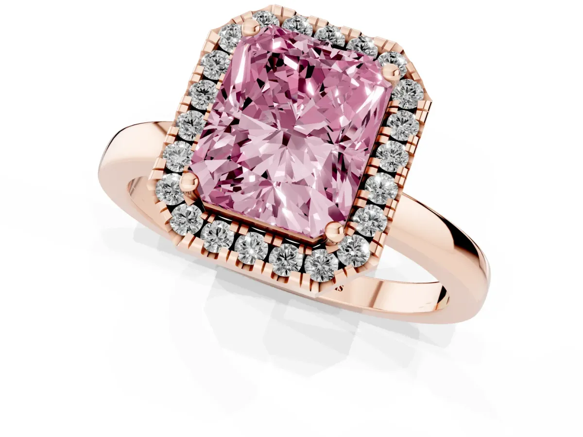 Fancy Pink Radiant Cut Halo Diamond Solitaire with Pavé Band and Four-Prong Setting Rose gold