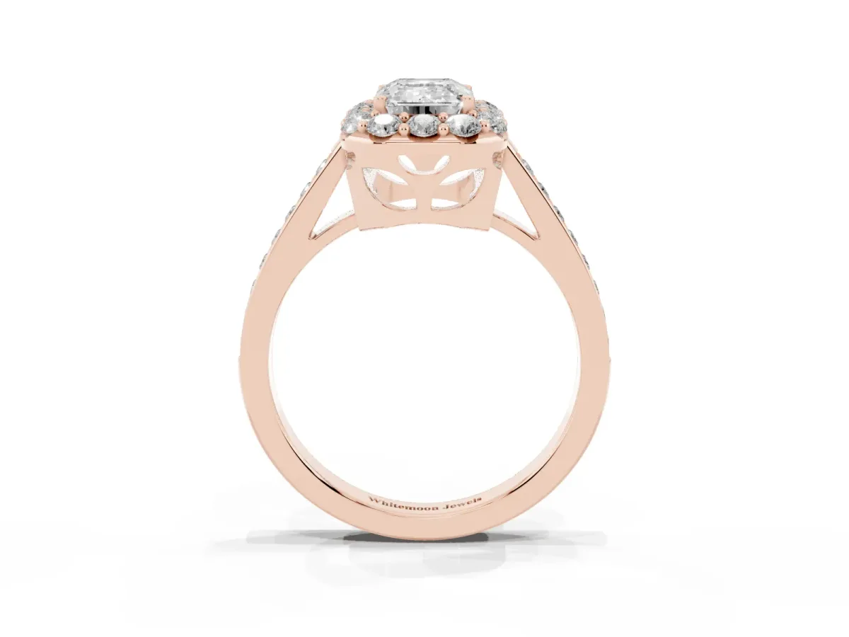 Emerald Cut Diamond Floral Halo Ring with Pavé Band and Prong Setting Rose gold