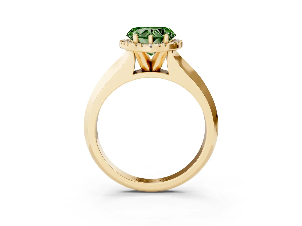 Fancy Green Heart Cut Halo Diamond Ring with Cathedral Band and Four-Prong Setting Yellow gold