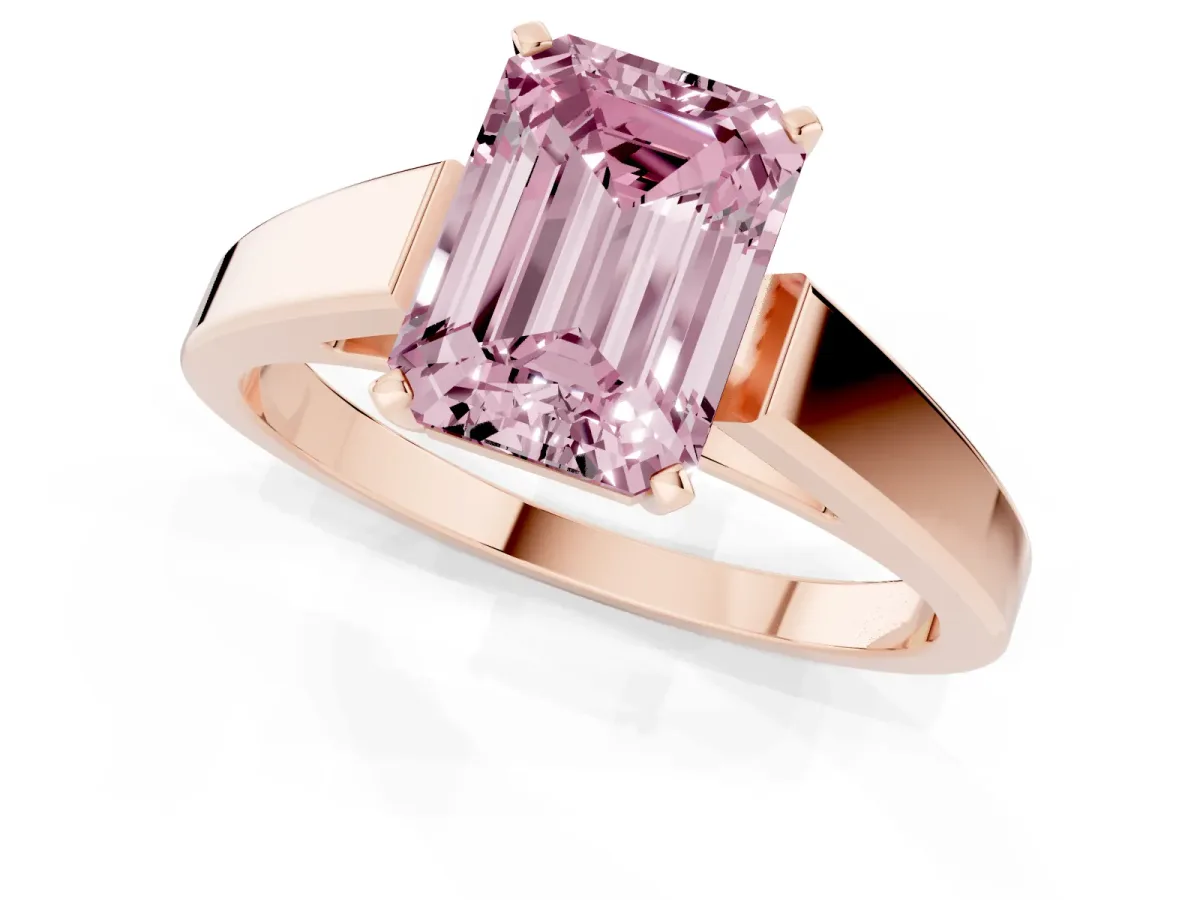 Fancy Pink Emerald Cut Solitaire Engagement Ring with Four-Prong Setting and Tapered Band Rose gold