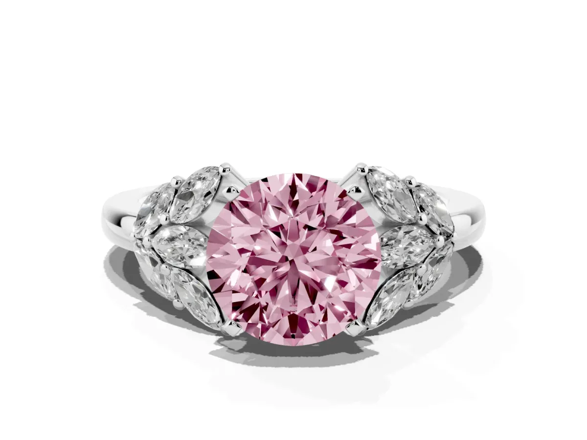 Fancy Pink Round Cut Diamond Cluster Leaf Design Ring with Prong Setting Silver