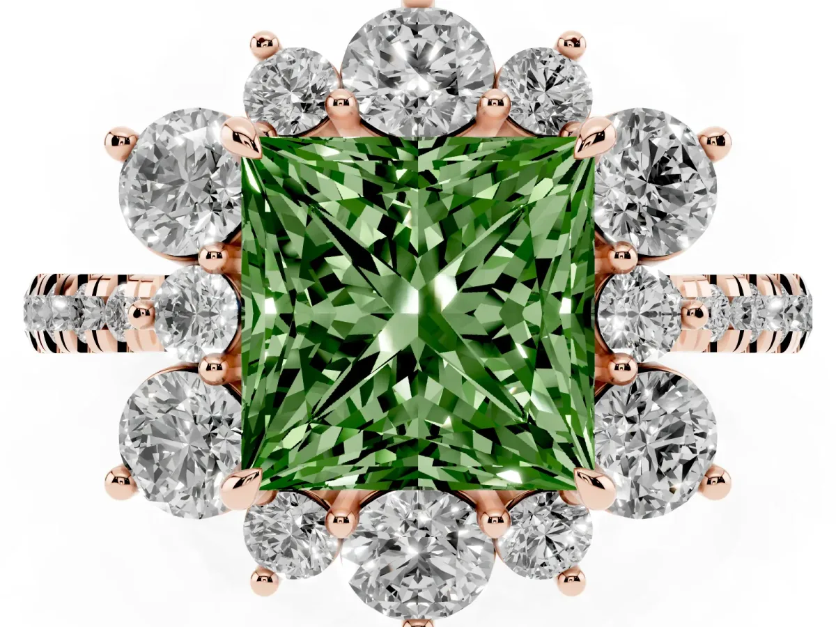 Fancy Green Princess Cut Diamond Floral Halo Ring with Round Pavé Band and Prong Setting Rose gold