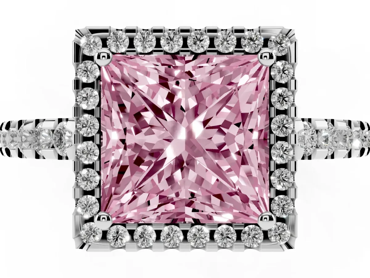 Fancy Pink Princess Cut Diamond Halo Engagement Ring with Pavé Band and Prong Setting Silver