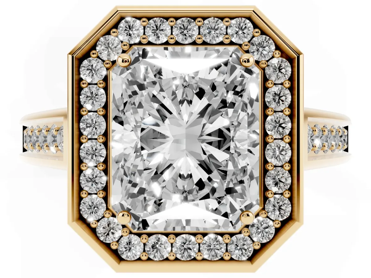 Radiant Cut Halo Solitaire Diamond Ring with Pave Band and Bezel Setting Yellow gold