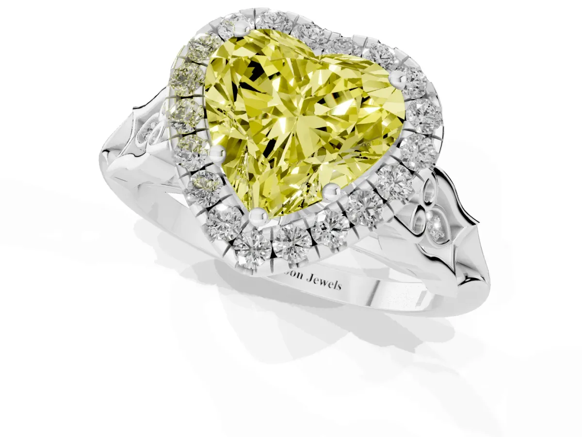 Fancy Yellow Heart Cut Halo Diamond Engagement Ring with Filigree Band and Four-Prong Setting Silver