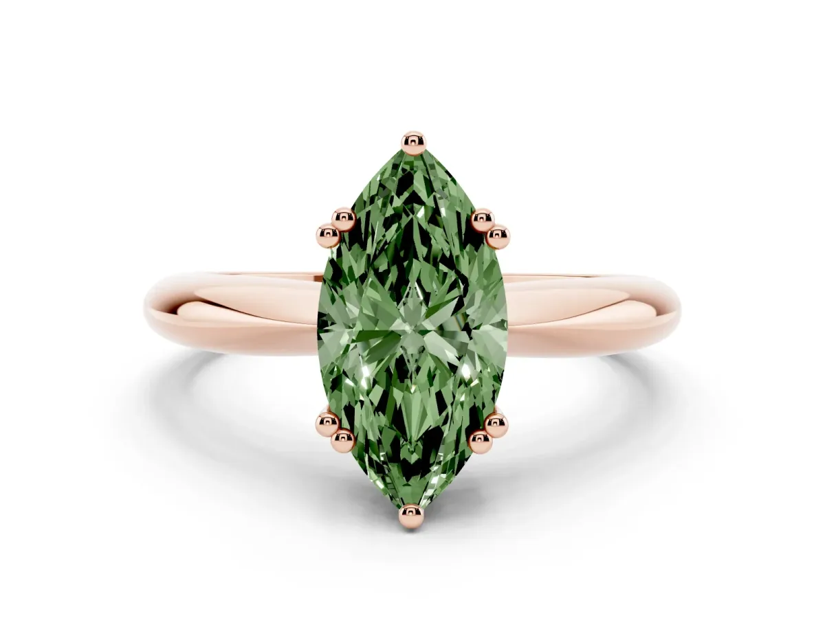 Fancy Green Marquise Cut Cut Solitaire Engagement Ring with Tapered Band and Four-Prong Setting Rose gold