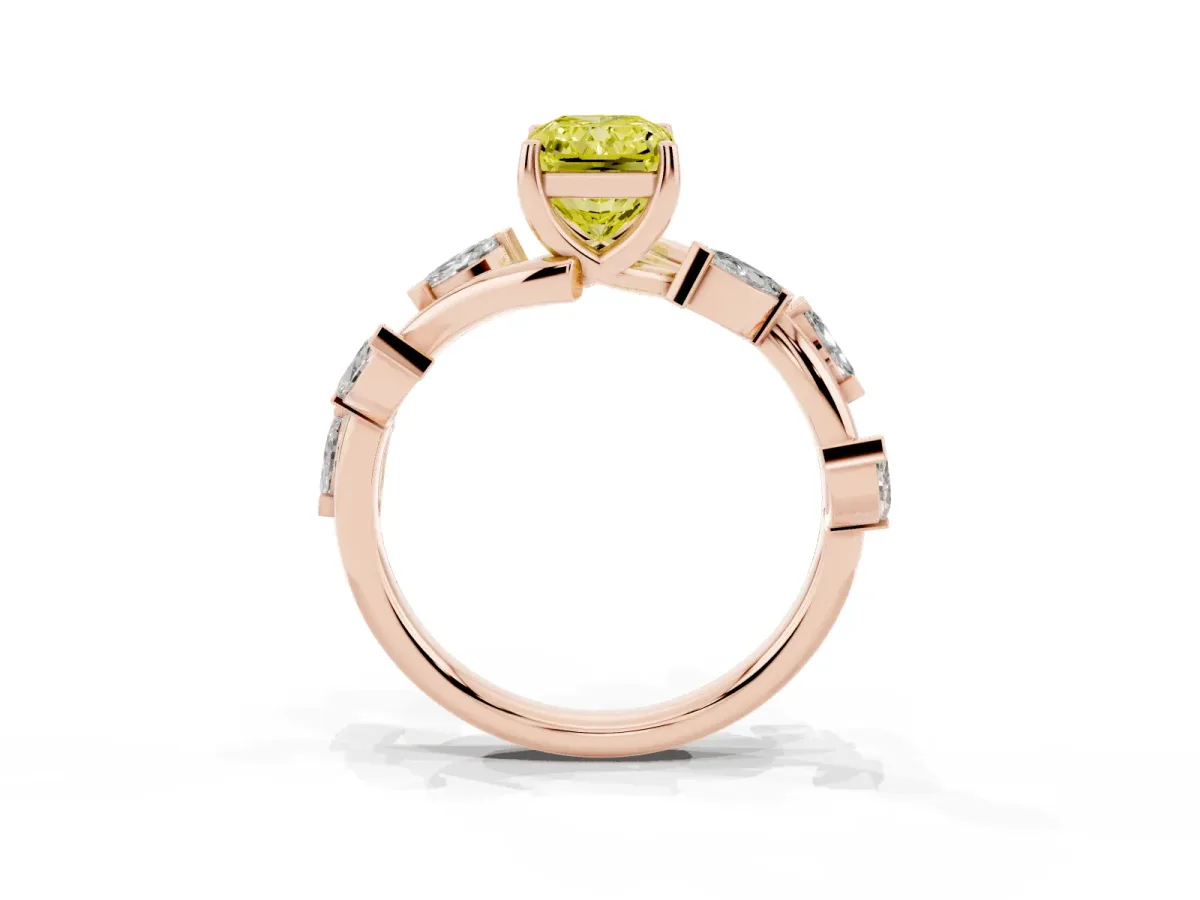 Fancy Yellow Radiant Cut Solitaire Twisted Band Marquise Accent Prong Setting Ring Rose gold