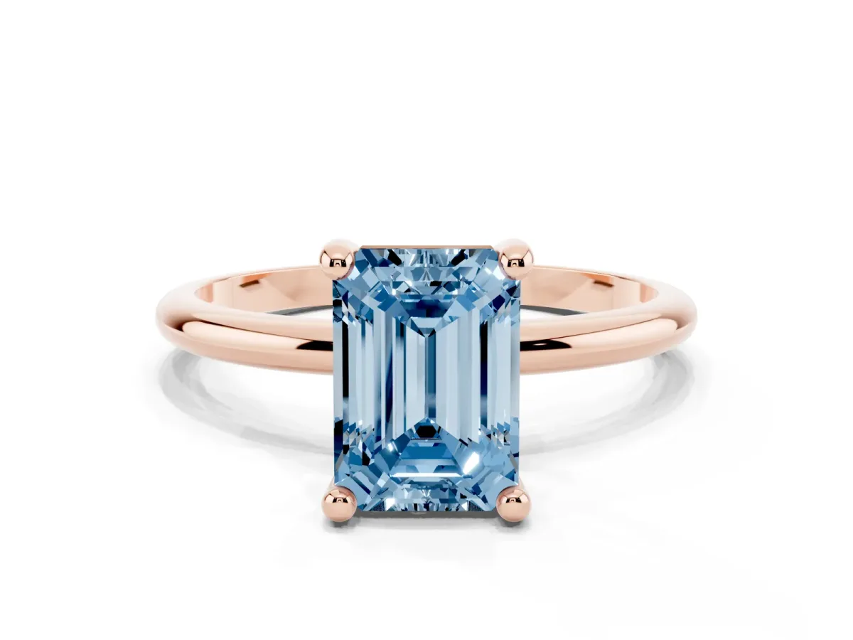 Fancy Blue Emerald Cut Solitaire Diamond Ring with 4-Prong Setting on a Classic Band Rose gold