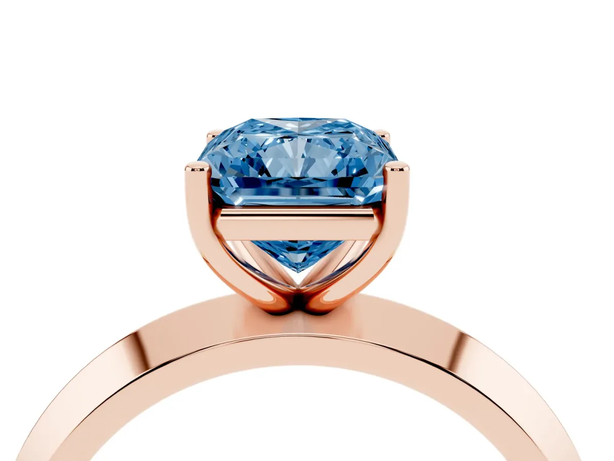 Fancy Blue Radiant Cut Cut Solitaire Engagement Ring with Flat Band and Four-Prong Setting Rose gold