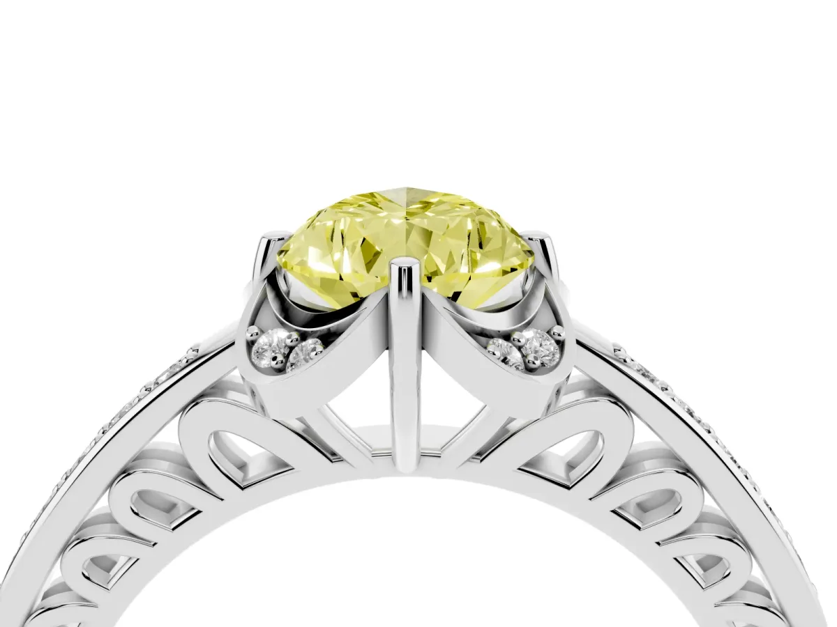 Fancy Yellow Pear Cut Cut Halo Diamond Ring with Channel Set Band and Four-Prong Setting White gold