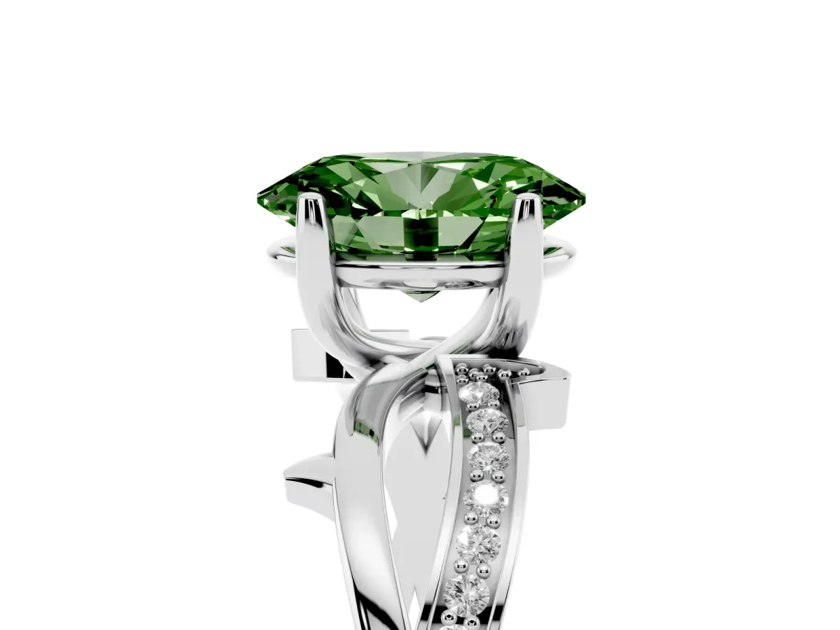 Fancy Green Oval Cut Solitaire Twist Band with Pavé Accents and Four-Prong Setting Platinum