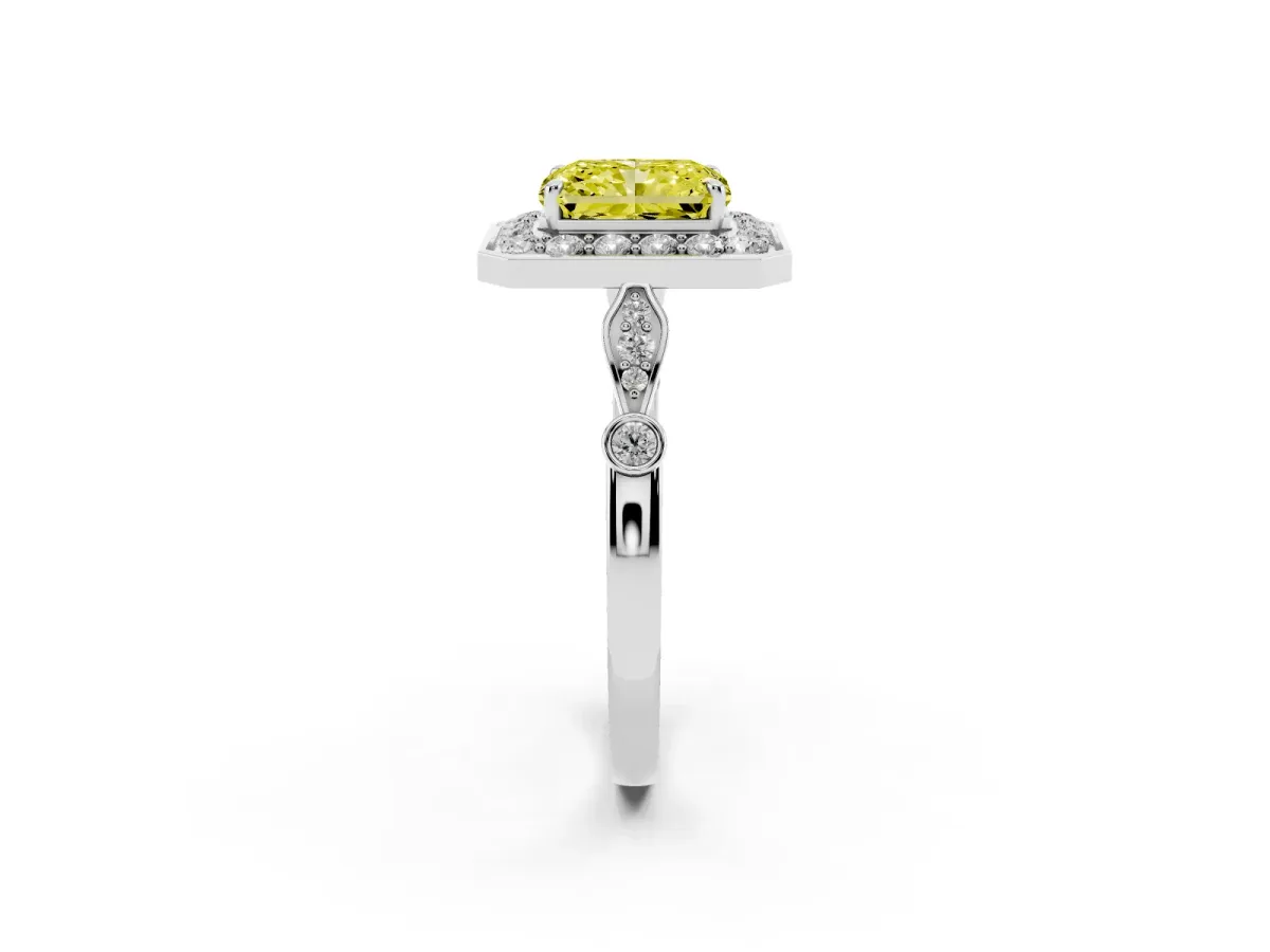 Fancy Yellow Radiant Cut Halo Diamond Engagement Ring with Twisted Band and Four-Prong Setting White gold