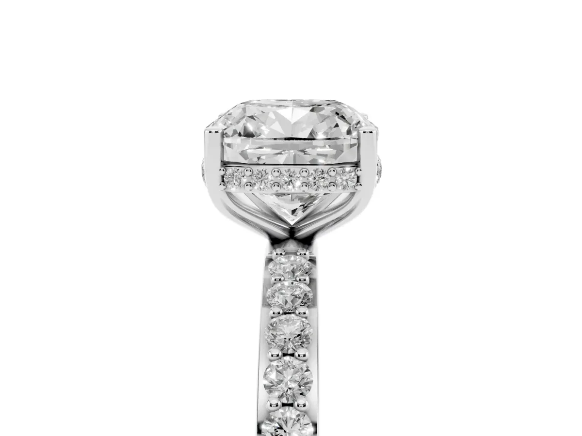 Cushion Cut Diamond Solitaire Ring with Pavé Band and Hidden Halo Silver