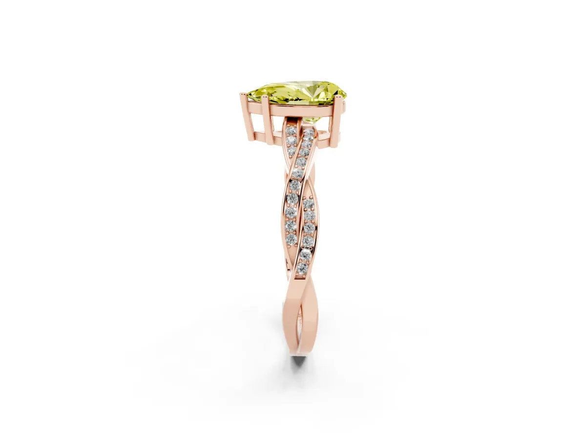 Fancy Yellow Pear Cut Solitaire Twisted Pave Diamond Ring with Four-Prong Setting Rose gold