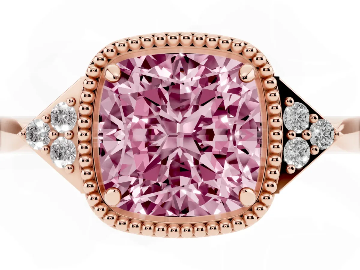 Fancy Pink Cushion Cut Diamond Halo Ring with Tapered Band and Four-Prong Setting Rose gold