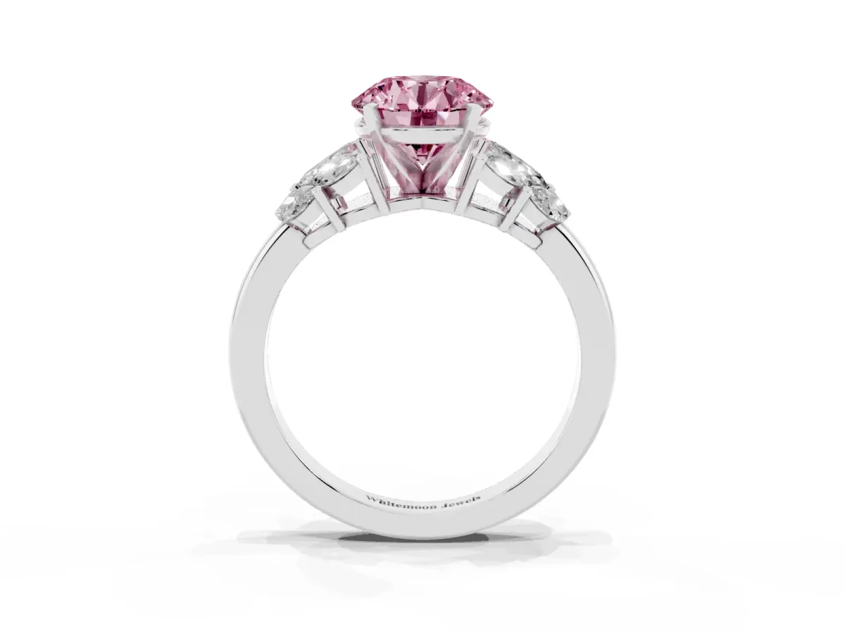 Fancy Pink Round Cut Diamond Cluster Leaf Design Ring with Prong Setting Silver