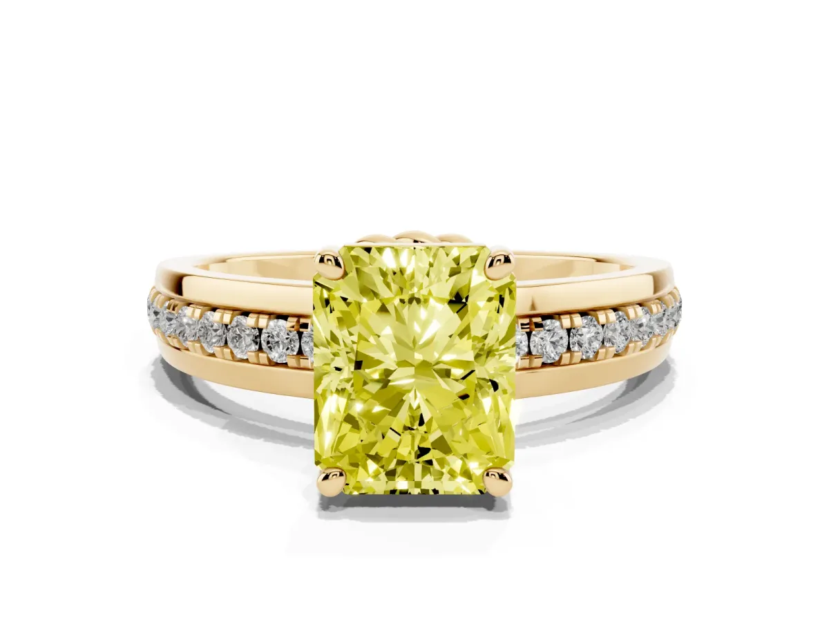 Fancy Yellow Radiant Cut Solitaire Diamond Ring with Channel Set Band and Six-Prong Setting Yellow gold