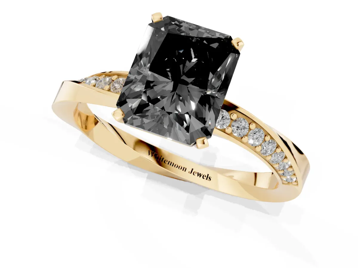 Fancy Black Radiant Cut Diamond Engagement Ring with Side Stone Accents and Four-Prong Setting Yellow gold