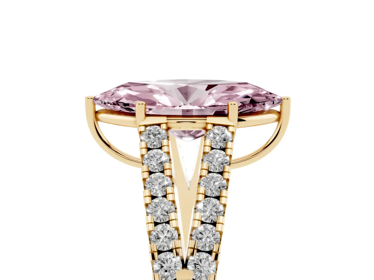 Fancy Pink Marquise Cut Diamond Split Shank Engagement Ring with Round Pavé and Prong Setting Yellow gold