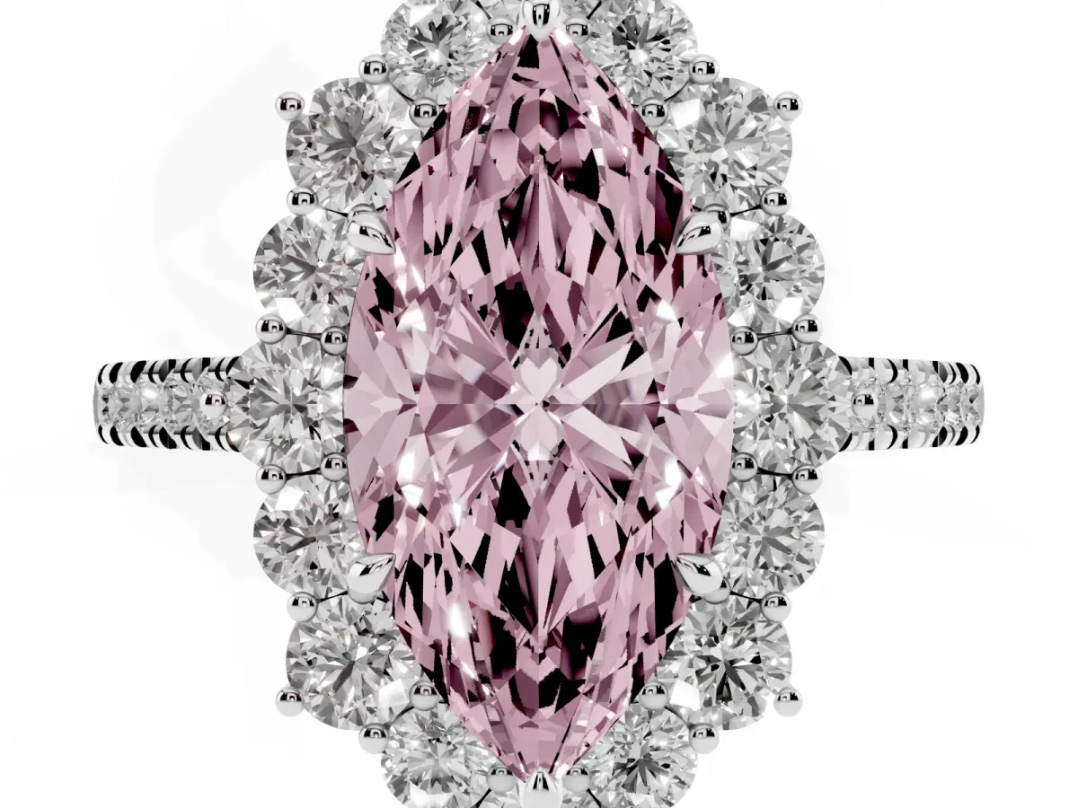 Fancy Pink Marquise Cut Halo Diamond Ring with Pavé Band and Prong Setting Silver
