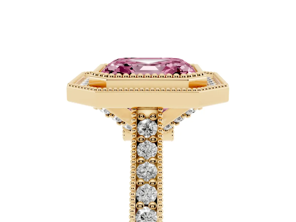 Fancy Pink Halo Asscher Cut-Cut Diamond Pave Band Milgrain Prong Setting Ring Yellow gold