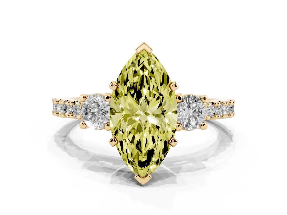 Fancy Yellow Marquise Cut Three-Stone Diamond Pavé Band with Prong Setting Yellow gold