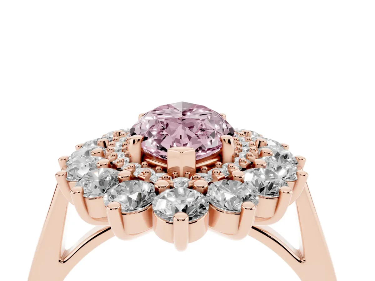Fancy Pink Marquise Cut Diamond Floral Double Halo Engagement Ring with Prong Setting Rose gold