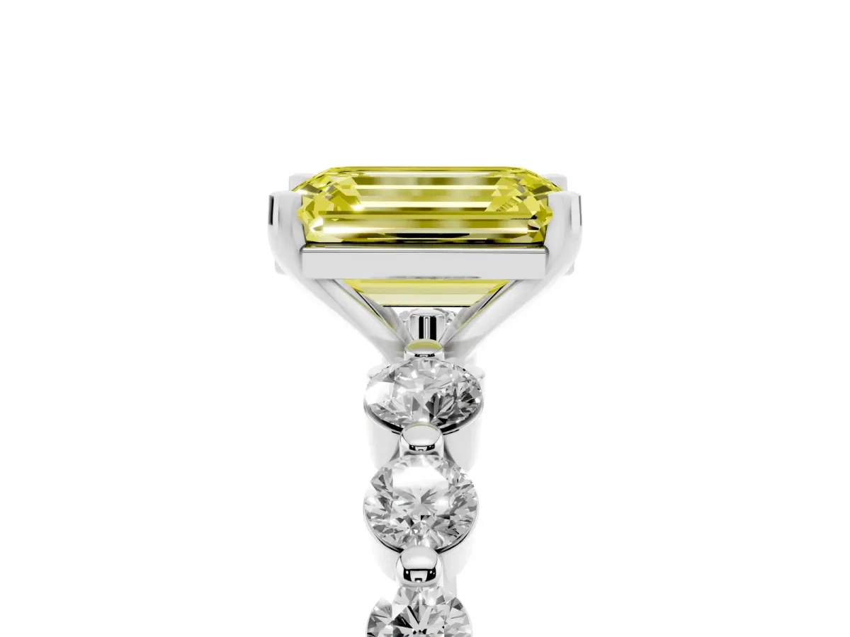 Fancy Yellow Emerald Cut Solitaire Diamond Ring with Pave Band and Four-Prong Setting Silver