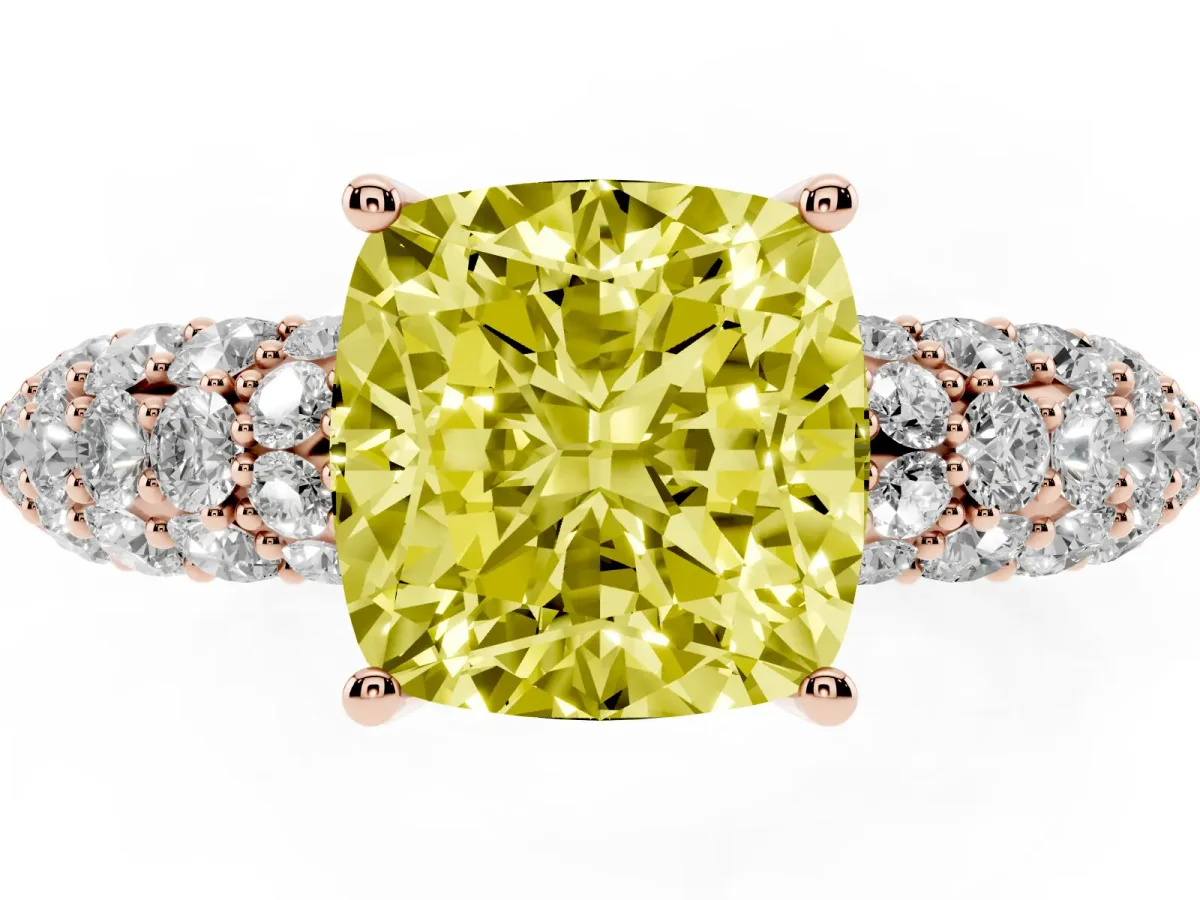 Fancy Yellow Cushion Cut Diamond Pavé Band Solitaire Ring with Four-Prong Setting Rose gold