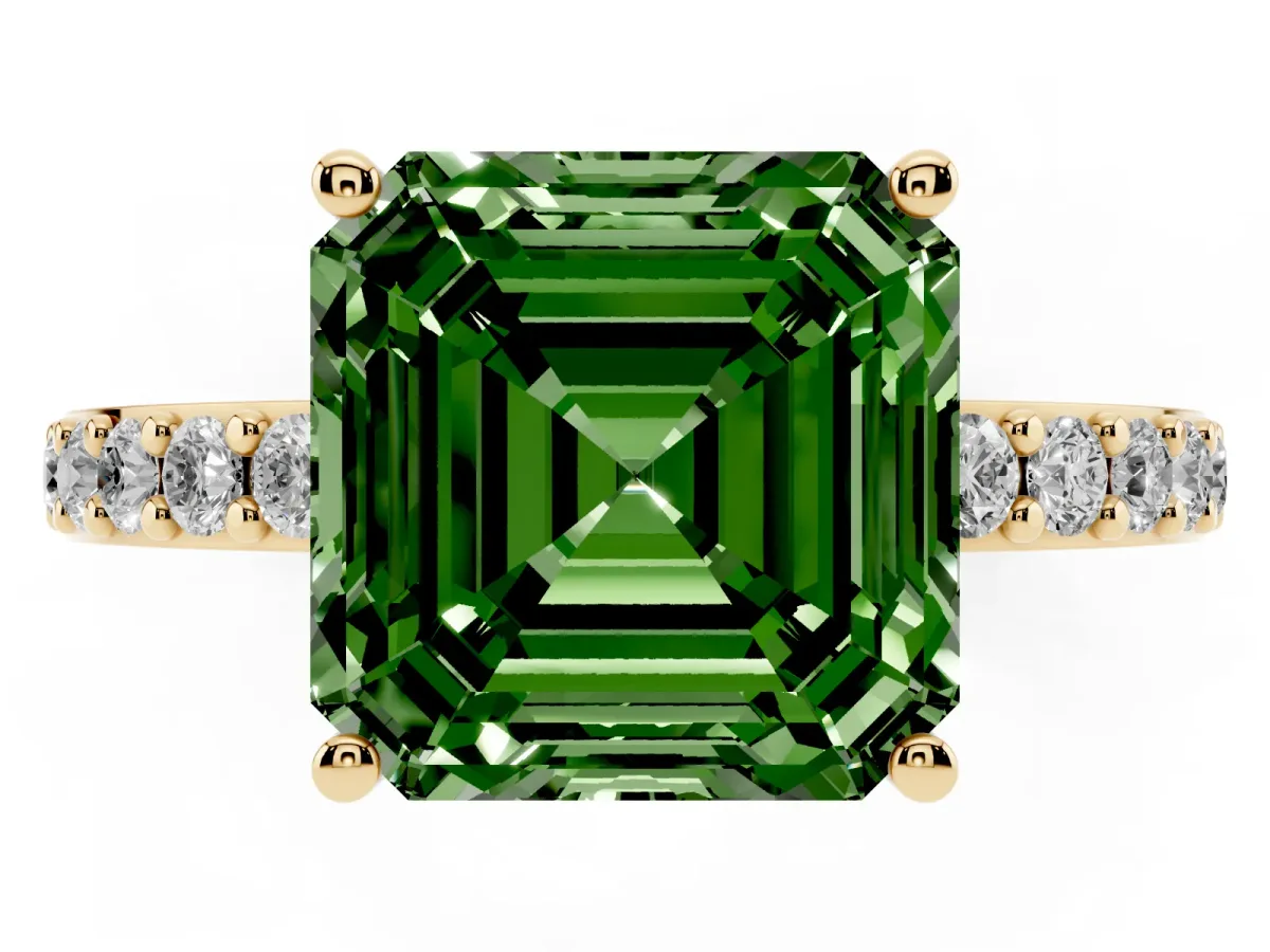Fancy Green Asscher Cut Cut Diamond Solitaire with Pave Band and Four-Prong Setting Yellow gold