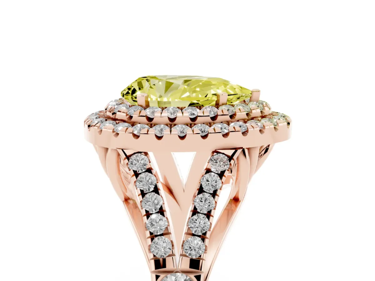 Fancy Yellow Pear Cut Diamond Double Halo Ring with Split Shank and Prong Setting Rose gold