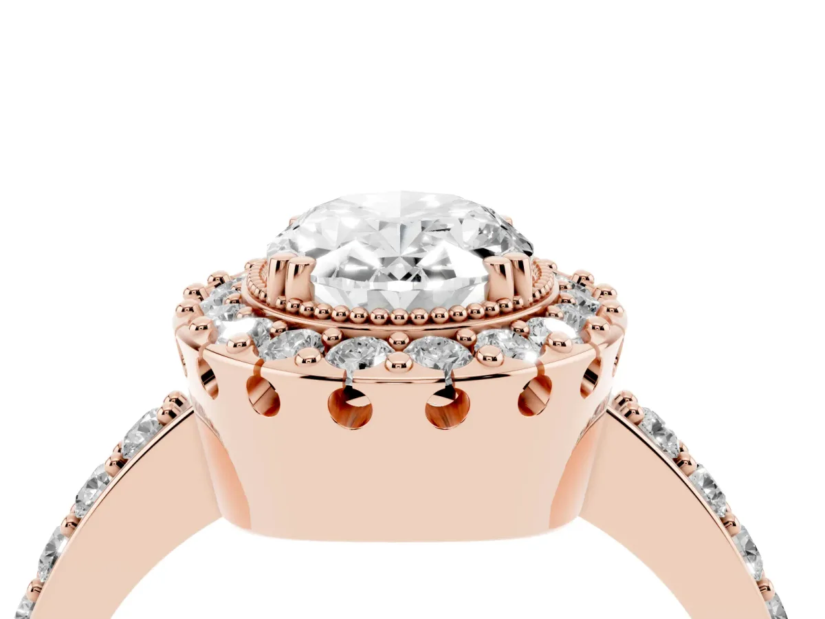 Oval Cut Diamond Halo Ring with Pavé Band and Prong Setting Rose gold